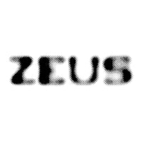 a black and white image of the word zeus